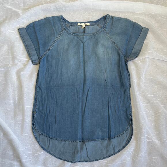 🌞 Light Blue Denim Chambray T-shirt Smock Shirt Forever 21 Life in Progress XS - Picture 9 of 16